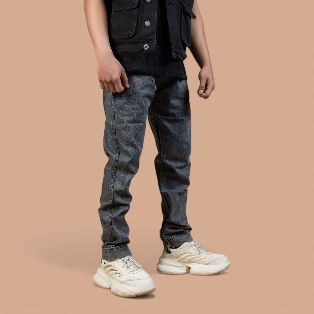Denim Trousers with Ankle Zip & Ribbed Belt – Super Comfort | Stone Wash Look