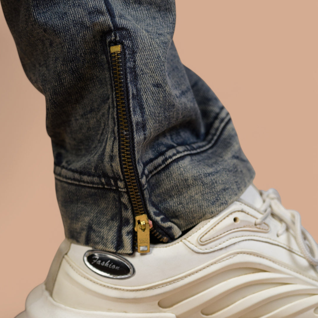 Denim Trousers with Ankle Zip & Ribbed Belt – Super Comfort | Stone Wash Look