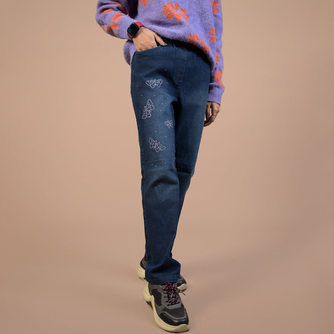Rhinestone Butterfly Embellished | Denim Trousers For Women