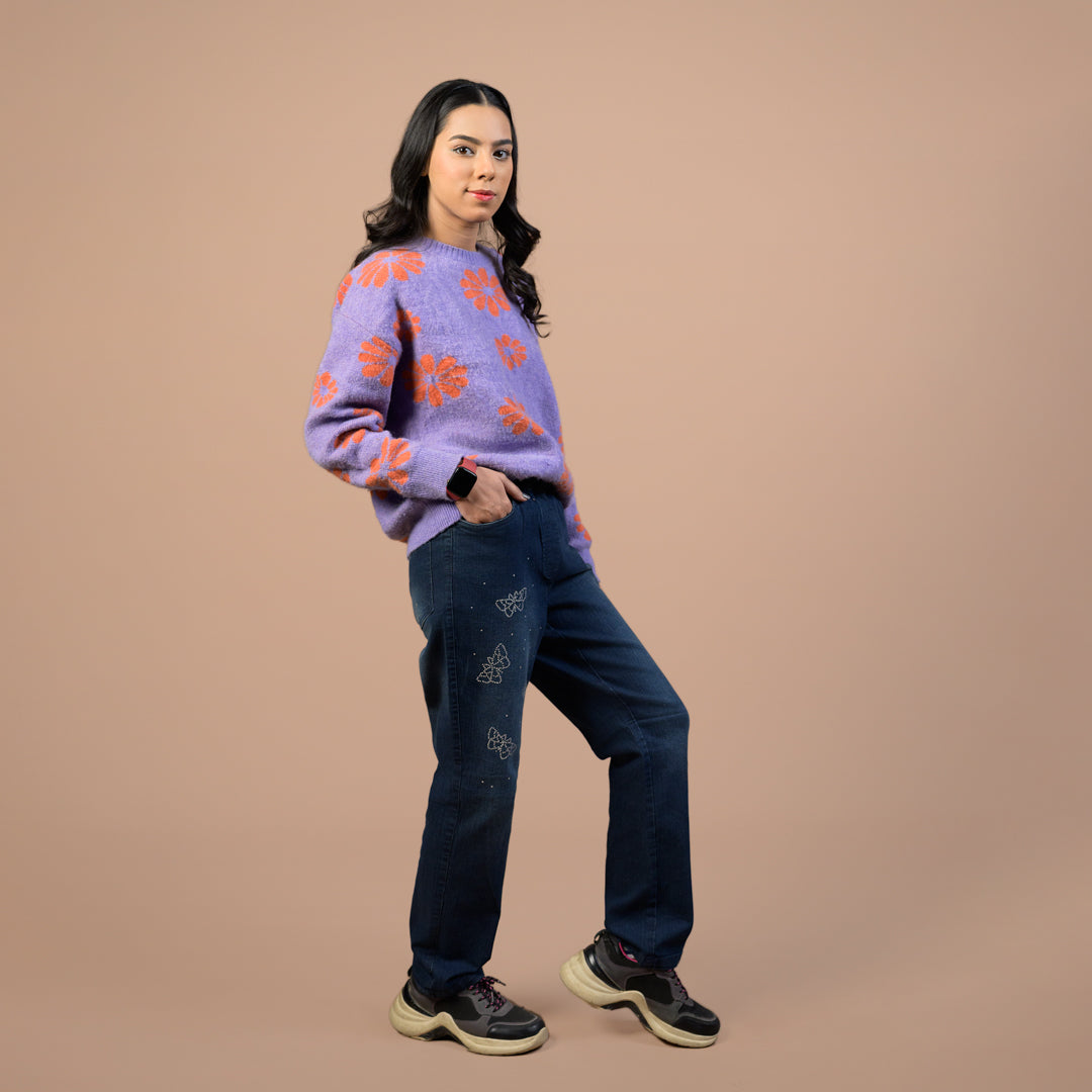 Rhinestone Butterfly Embellished | Denim Trousers For Women