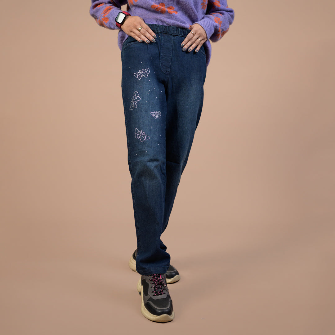 Rhinestone Butterfly Embellished | Denim Trousers For Women
