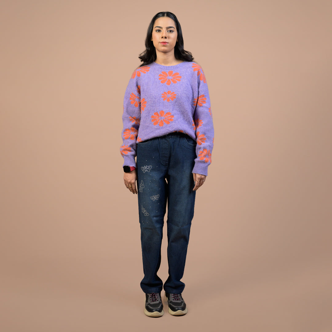 Rhinestone Butterfly Embellished | Denim Trousers For Women