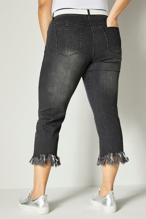 Capri jeans, slim fit, fringed hem, 5-pocket - Grey