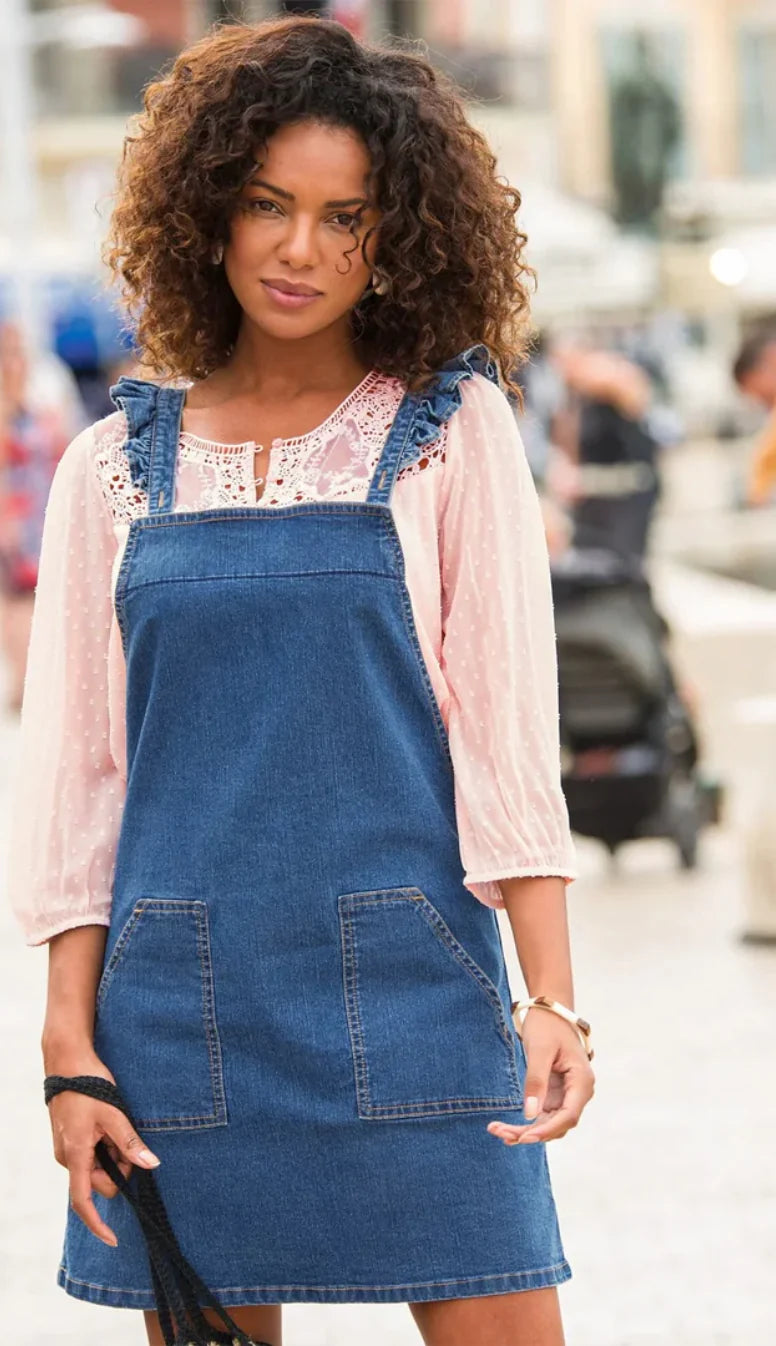 Denim overall dress with ruffled straps