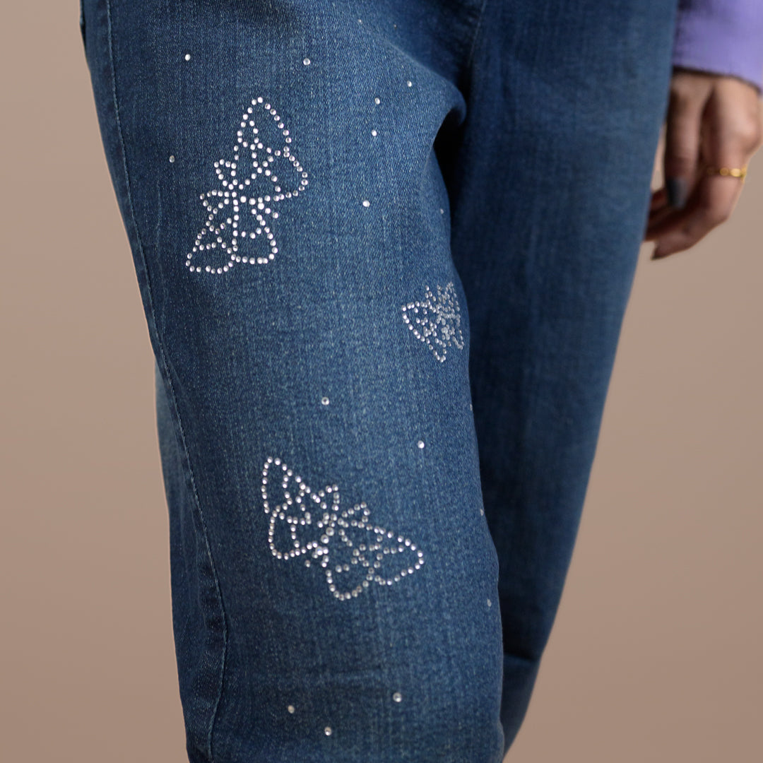 Rhinestone Butterfly Embellished | Denim Trousers For Women