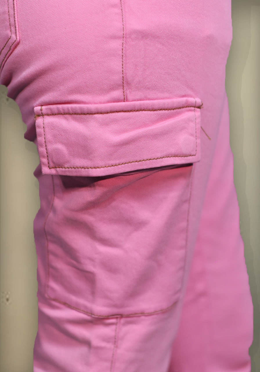 Pink Twill Cargo Pants with Bottom Hem Zippers